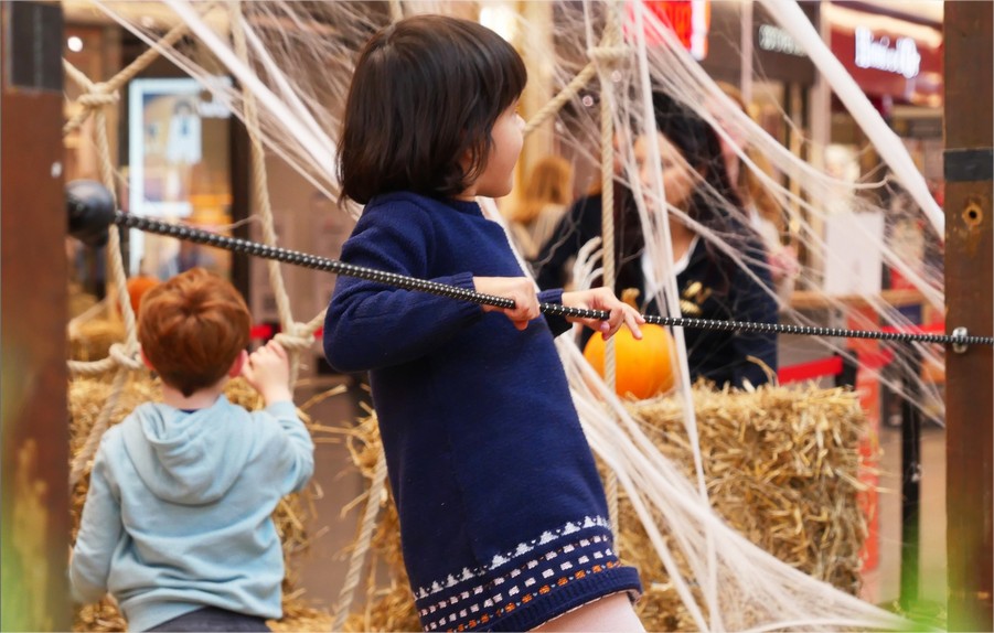 Enfnats en train de traverser un pont sur un accrobranche halloween