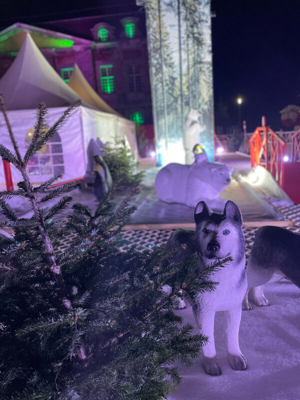 décor avec chien de traineau derrière un sapin