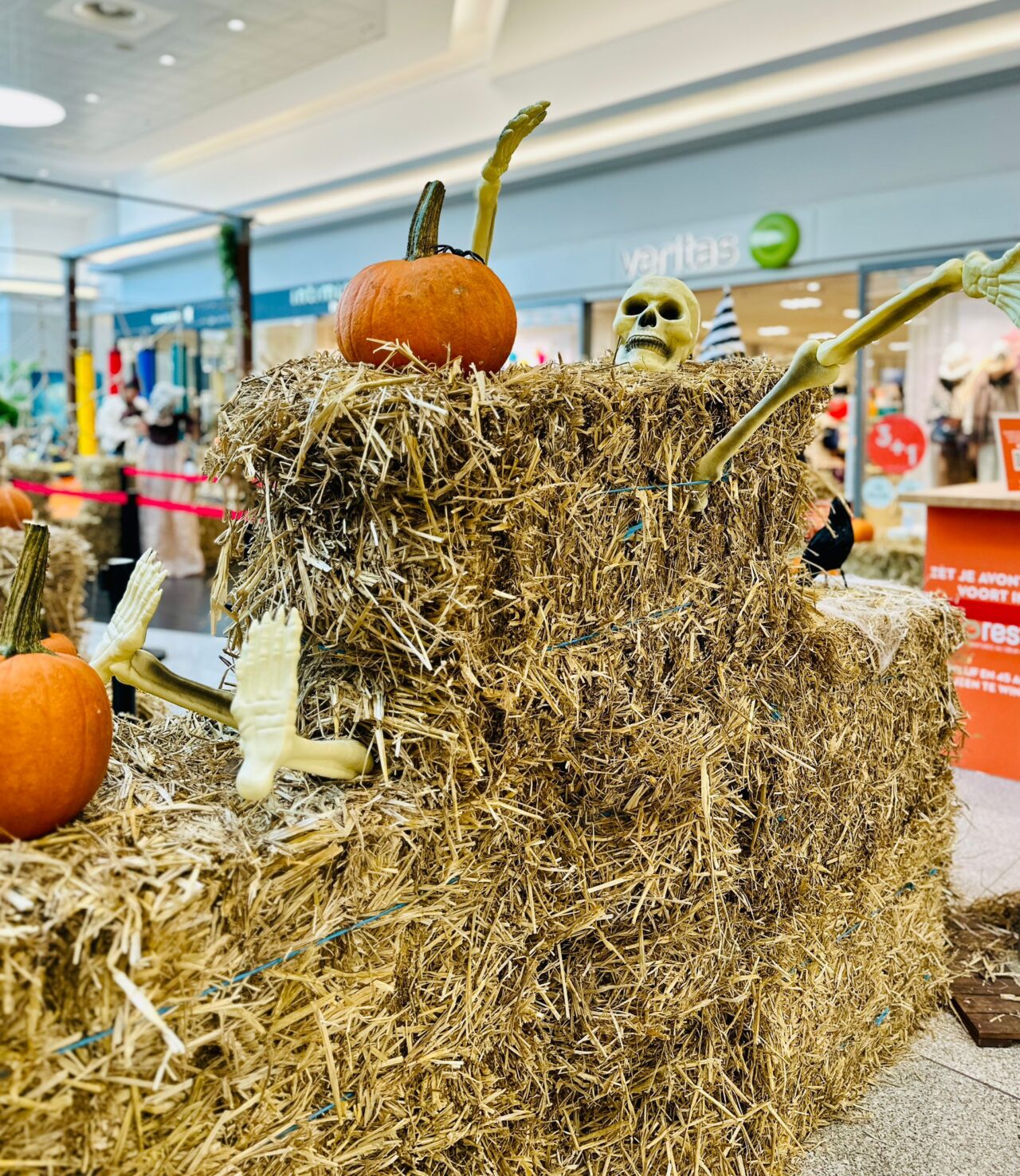 décor Halloween avec courges et bottes de foin