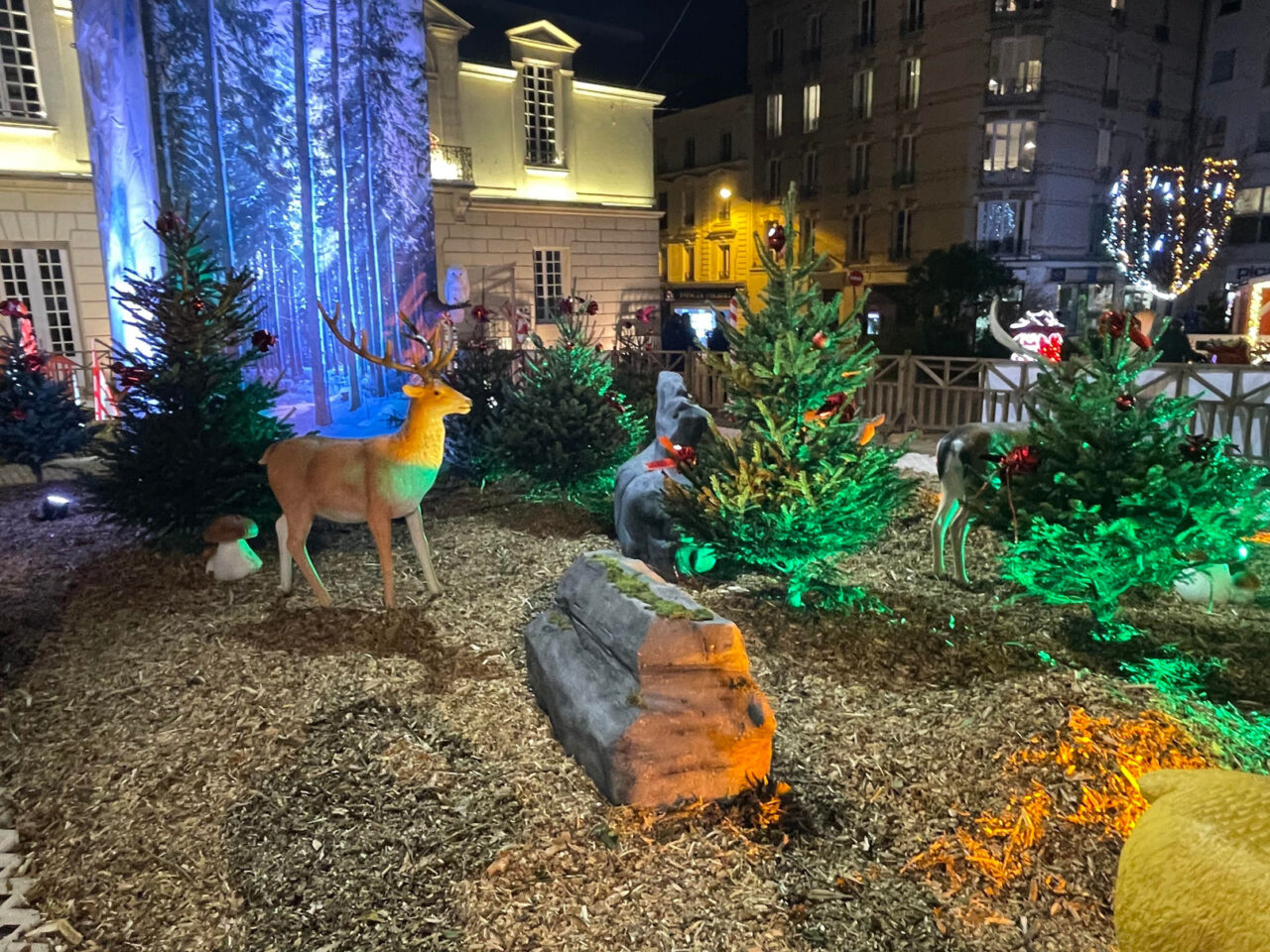 scénographie avec sapins et animaux de la forêt